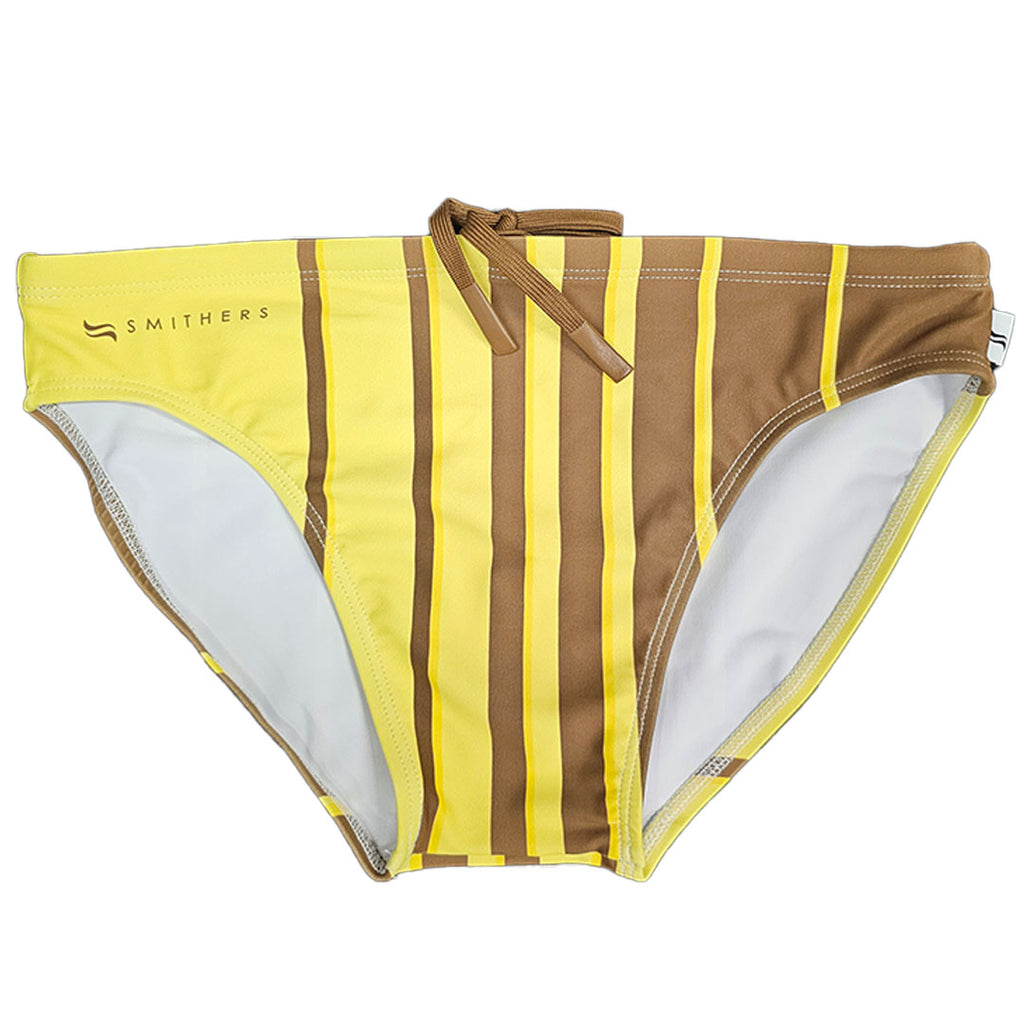 A banana palette of yellow and brown brings this men's swimsuit to life. A clever coupling of colours splashed across a canvas with vertical stripes evenly spaced. Get your Smithers mens swimsuit today