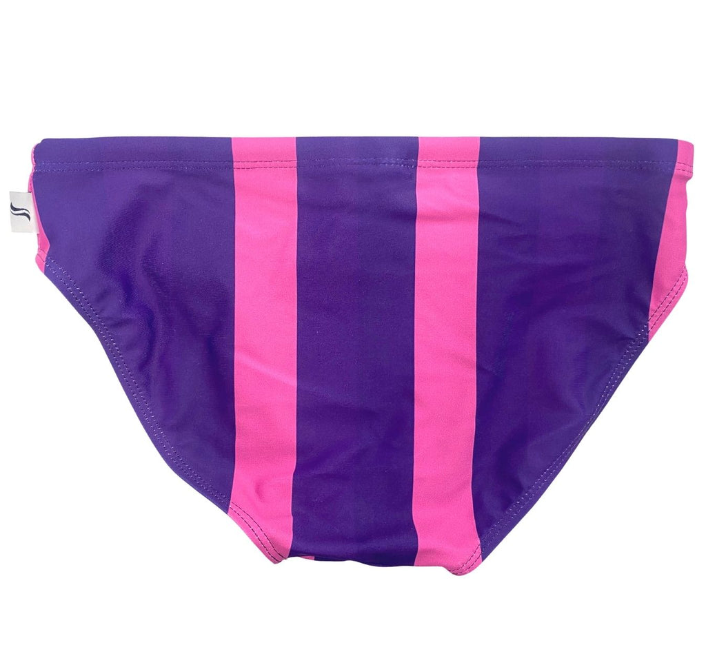 Smithers swimwear Elements design in purple to represent the air element. Back panel showing vertical stripes in purple hues to match the front
