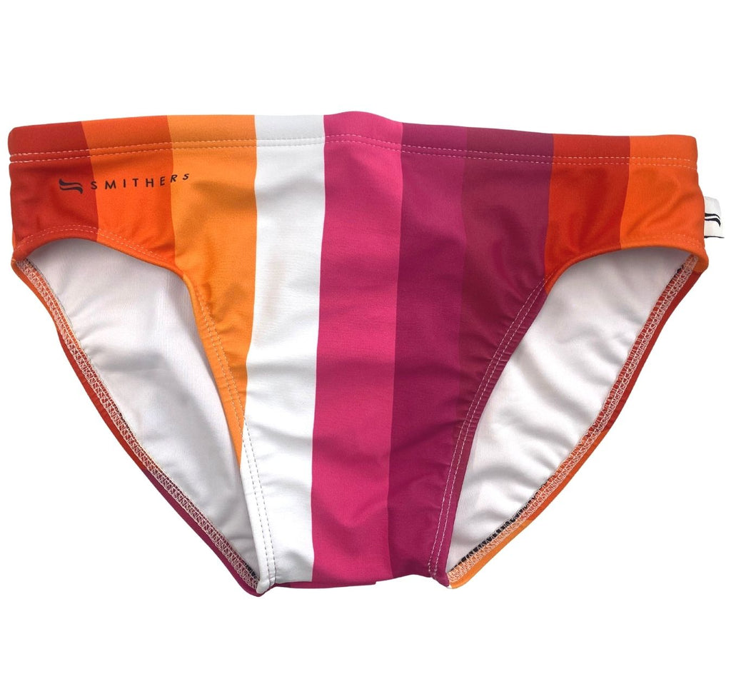 Set the world on fire in these pink and orange swim briefs by Smithers. Solid vertical stripes will always be in fashion, so treat your next pair of Smithers as an investment.