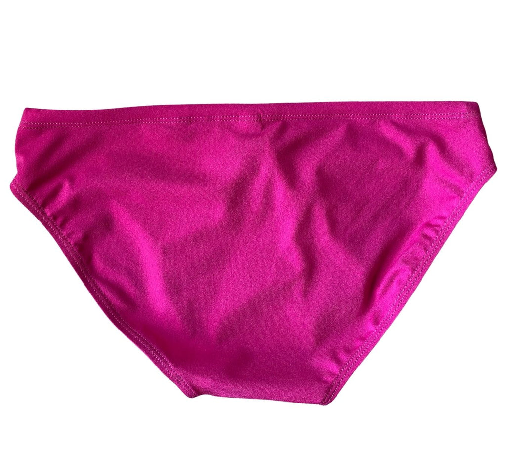 Men's pink swimsuit from the back. Pink speedos with pink stitching in a classic speedo style cut.