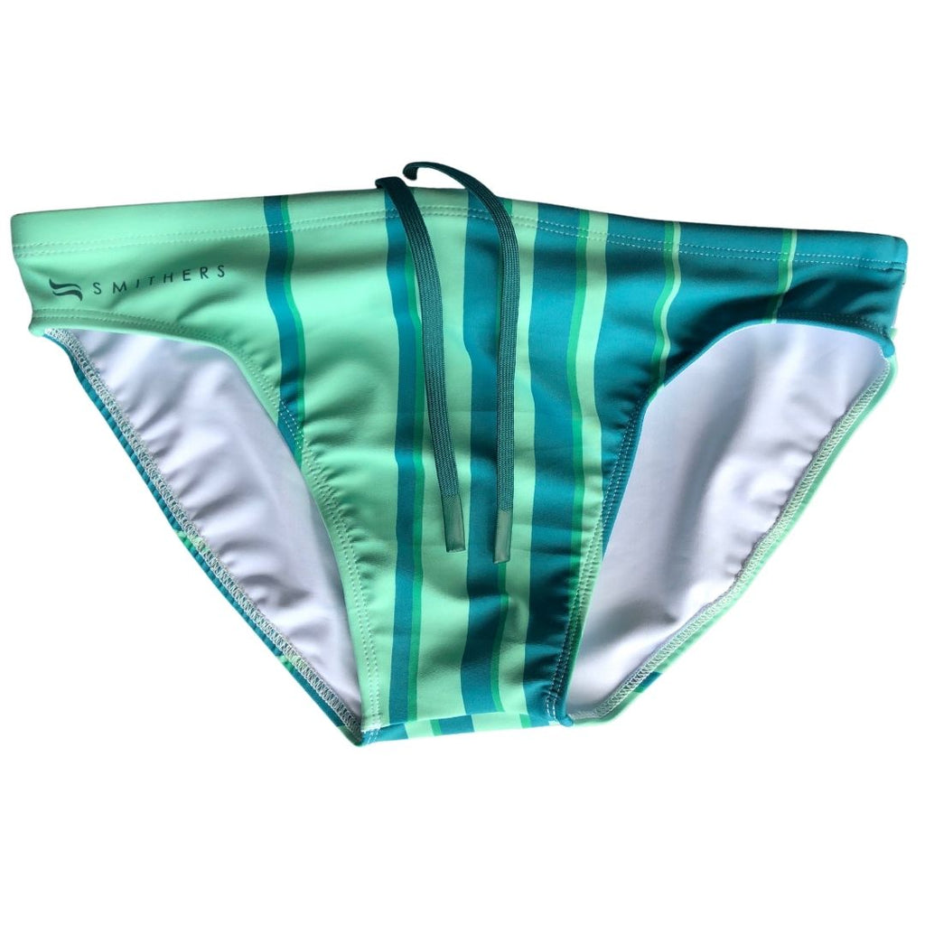 Green men's swimsuit featuring vertical stripes in different hues of green with a dark forest green drawcord