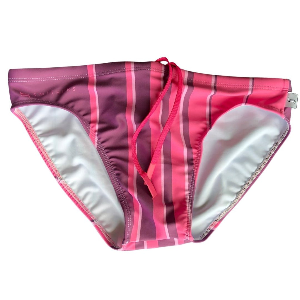 Vibrant pink and maroon vertical striped men's swimsuit from Smithers Swimwear's 'Doppler' collection