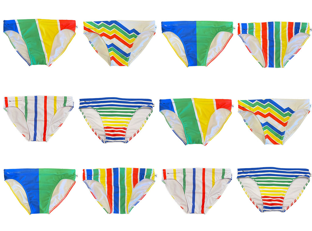 Smithers swimwear Olympia collection. Blue, yellow, black, red and green symbolic of the Olympic rings feature in this men's swim briefs collection. Olympics and Paralympic inspired collection
