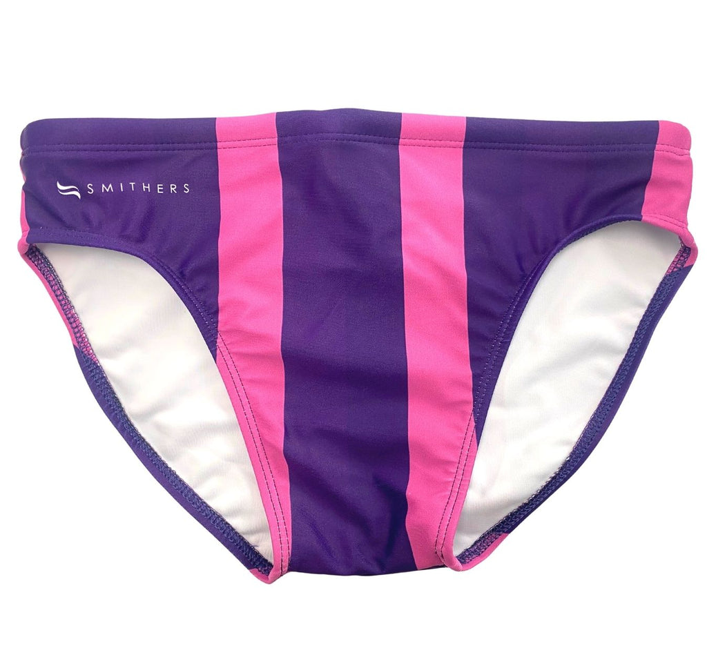 Smithers swimwear Elements design in purple to represent the air element. Front panel showing vertical stripes in purple hues