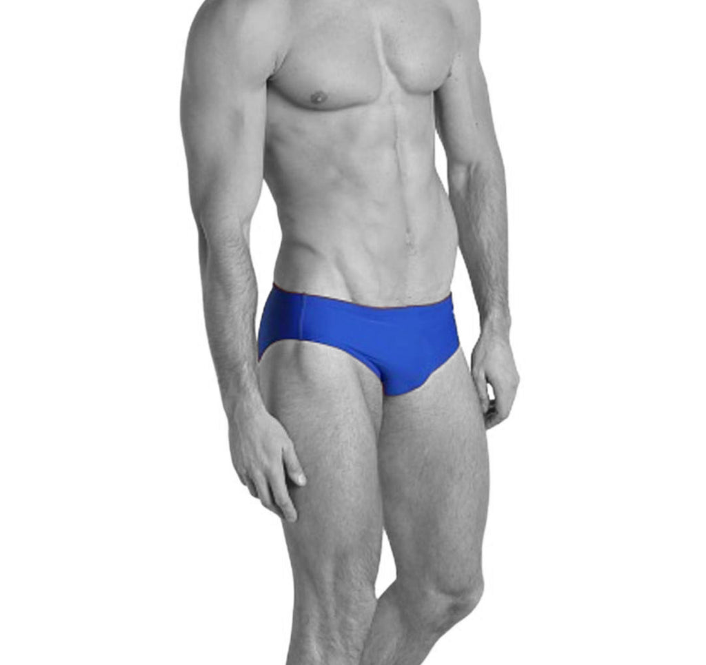 Blue swimsuit for men shown off by muscular bodied male model.