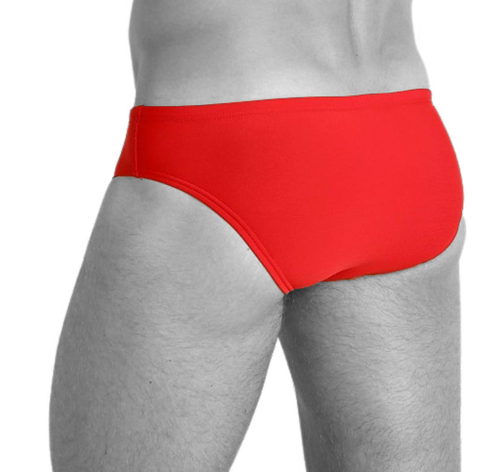 Red speedos showing the backside of male model