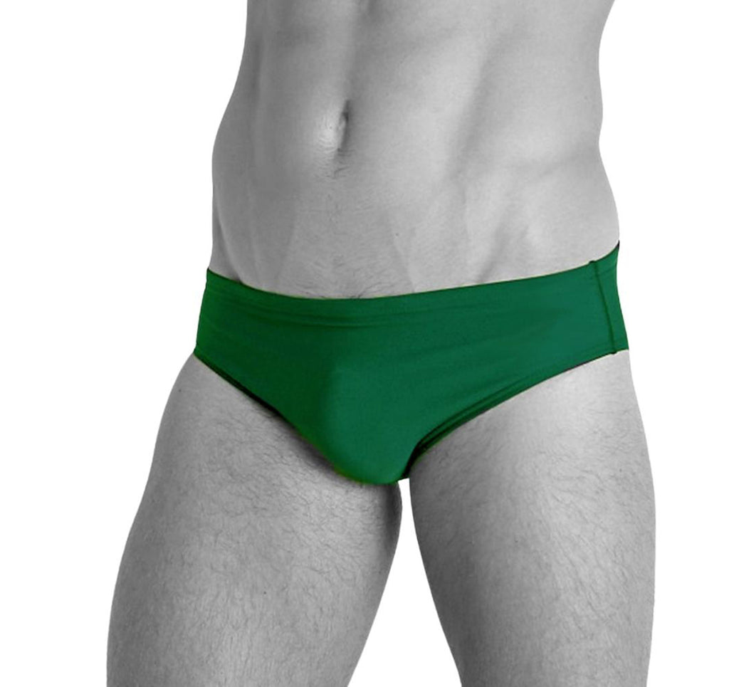 Green swimwear for men worn by male model showing classic briefs by Smithers. Unique colour offering for swim trunks