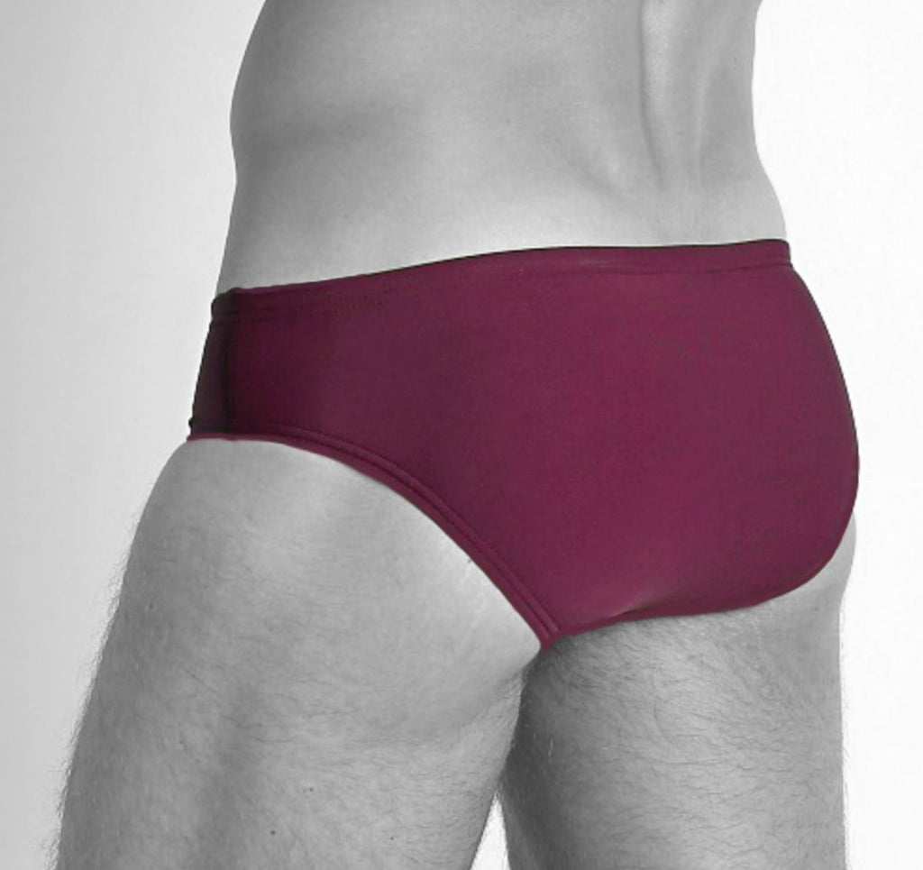 Man wearing Smithers swimwear. The model is only visible around the waist area. The swimsuit is a block colour in maroon and is a speedo brief cut