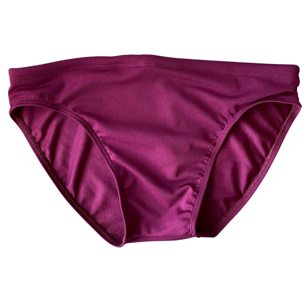 Men's maroon coloured swimsuit in a classic speedo cut. The stitching is also maroon to blend in with the block coloured swim brief