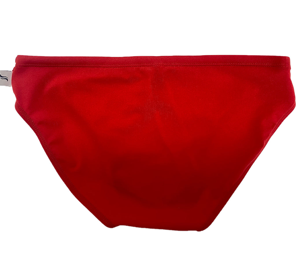 A pair of men's classic swim briefs in red, back side fo garment