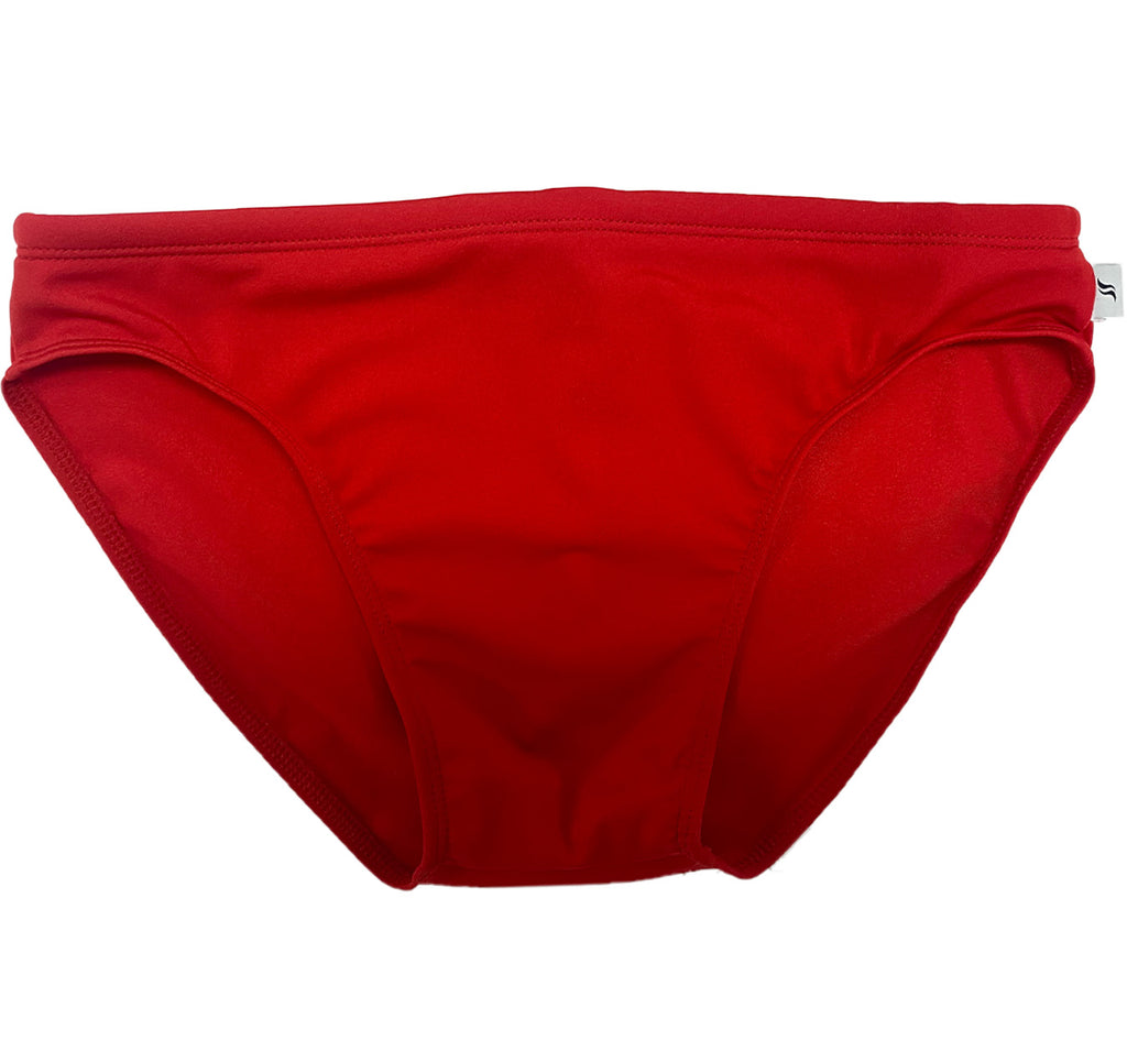A pair of men's classic swim briefs in red, front  side fo garment