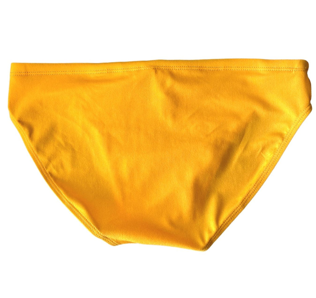 Men's yellow swimsuit from the back. Yellow speedos with yellow stitching