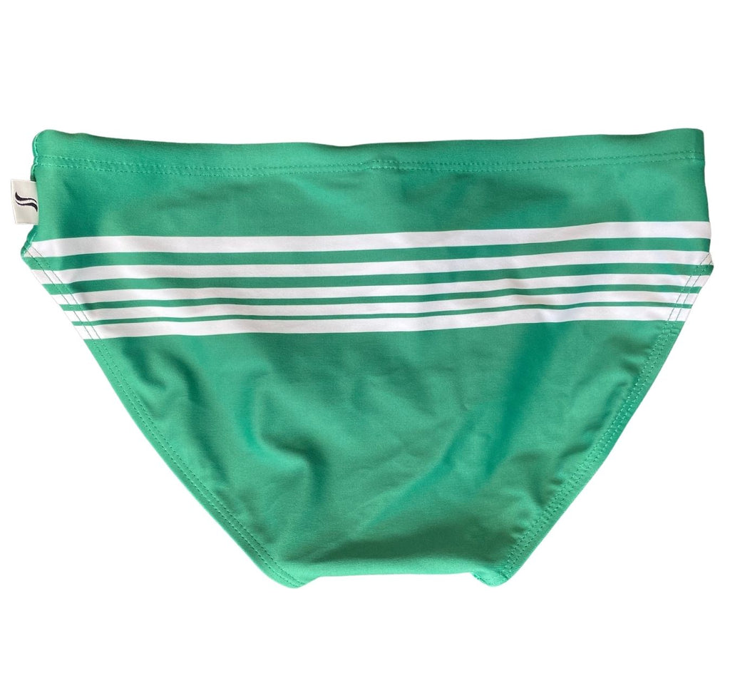 A shot of the backside of a pair of Smithers swim briefs which exude sophitiscation in a daintree green colour.